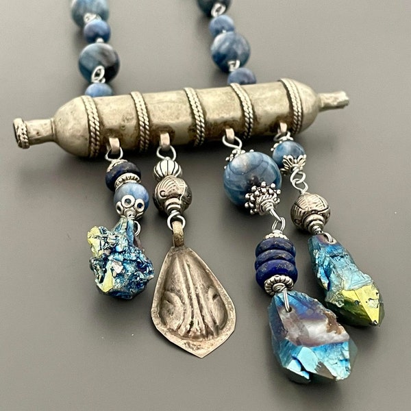 Blue Sodalite Tribal Necklace Prayer Box Pendant Necklace Blue Tribal Necklace Crystal Quartz Healing Necklace Blue Ethnic Dangle Necklace