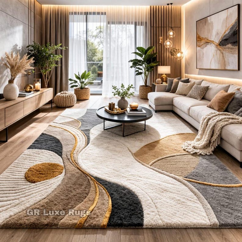 Hand Tufted Abstract Wool Rug, Beige Gold Grey Geometric Area Rug - Etsy