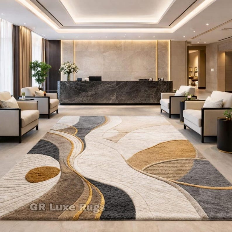 Hand Tufted Abstract Wool Rug, Beige Gold Grey Geometric Area Rug - Etsy
