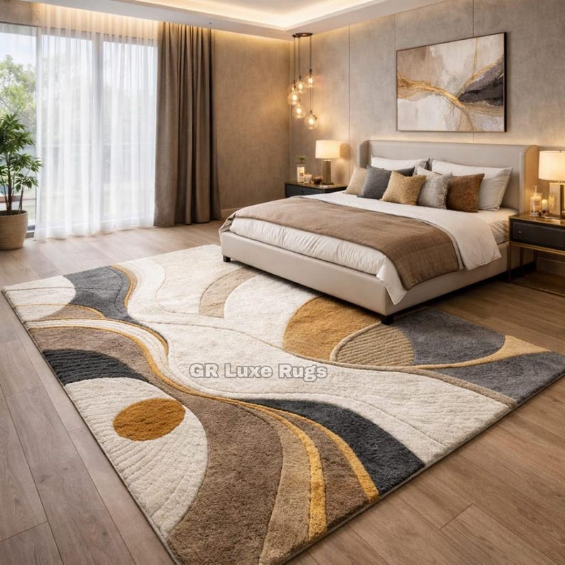Hand Tufted Abstract Wool Rug, Beige Gold Grey Geometric Area Rug - Etsy