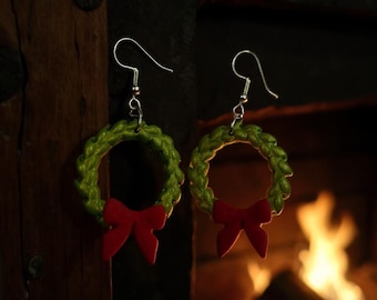 Handmade Christmas Wreath Earrings • Polymer Clay Holiday Jewelry
