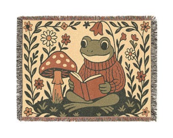 Cottagecore Frog Woven Blanket Decor Throw Mushroom Frog