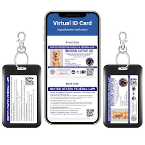 May include: A black key fob and a smartphone displaying a virtual ID card for an emotional support dog. The card features a photo of a golden retriever, the dog's name, and the handler's information. The key fob has the text "EMOTIONAL SUPPORT DOG".