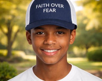 EMBROIDERED Faith Over Fear Trucker Hat, Christian Mesh Back Cap, Christian Snapback, Religious Gift for Him, Aesthetic Faith Headwear