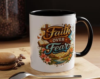Geloof over angst koffiemok, religieus christelijk cadeau