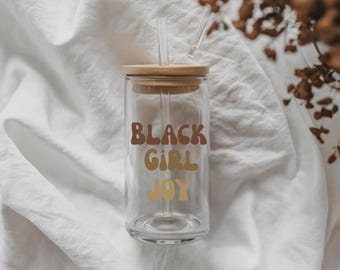 Lata de vidrio Black Girl Joy / Vaso de café helado de 16 oz con tapa y pajita