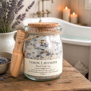 Organic Lemon Lavender Bath Salts - Natural Aromatherapy Self Care Gift for Her Wellness Spa Soak