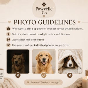 Puede incluir: Un gr&aacute;fico instructivo titulado Pawvelle Co Photo Guidelines con texto marr&oacute;n oscuro sobre un fondo beige. Enumera cuatro consejos fotogr&aacute;ficos mediante iconos e incluye tres im&aacute;genes de ejemplo de perros, una marcada como correcta.