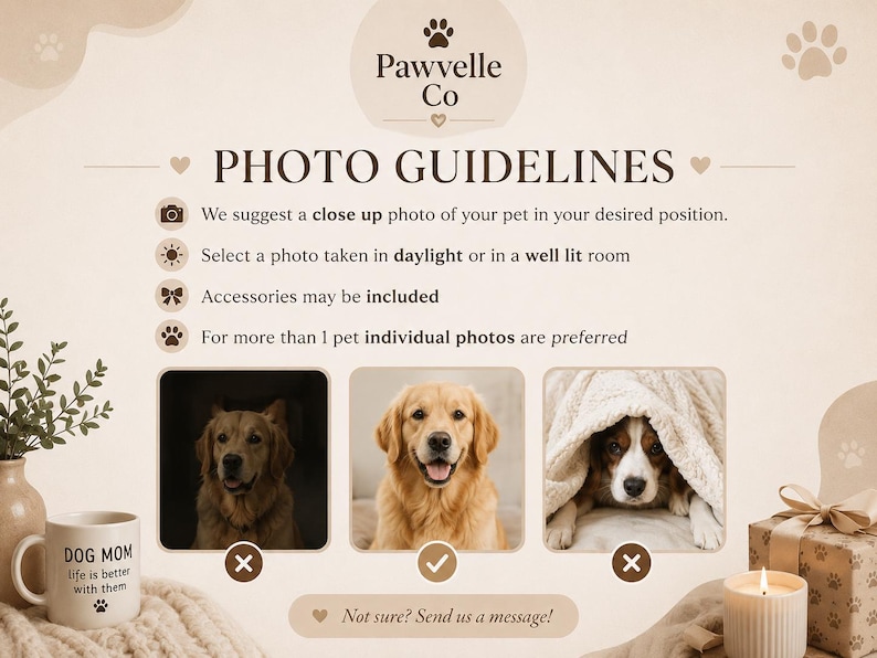 Puede incluir: Un gr&aacute;fico instructivo titulado Pawvelle Co Photo Guidelines con texto marr&oacute;n oscuro sobre un fondo beige. Enumera cuatro consejos fotogr&aacute;ficos mediante iconos e incluye tres im&aacute;genes de ejemplo de perros, una marcada como correcta.
