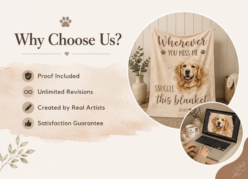 Puede incluir: Una manta beige con el retrato de un golden retriever y el texto "Wherever YOU MISS ME SNUGGLE this blanket XOXO". La manta se muestra en un recuadro circular junto a un ordenador port&aacute;til que muestra el mismo retrato del perro.