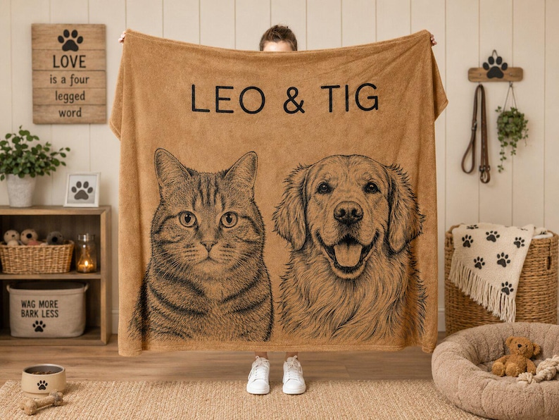 Puede incluir: Una manta de forro polar color canela con una ilustraci&oacute;n de l&iacute;neas negras de un gato atigrado y un golden retriever. El texto LEO & TIG est&aacute; impreso en letras may&uacute;sculas negras sobre los retratos de los animales en la tela rectangular.