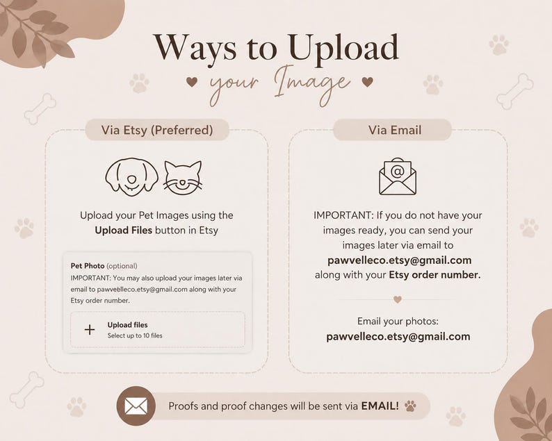Puede incluir: Un gr&aacute;fico informativo titulado Ways to Upload your Image sobre un fondo beige claro con huellas y huesos. Muestra dos m&eacute;todos para enviar fotos de mascotas: mediante el bot&oacute;n Upload Files de Etsy o por correo electr&oacute;nico a pawvelleco.etsy@gmail.com.