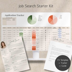 May include: A job search starter kit featuring an application tracker, CV template, and guide. The application tracker is on a computer screen, with a CV and cover letter in the foreground. Includes charts and tables for job search organisation.