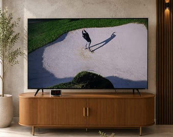 Mid Century Modern TV Stand with Power Outlet, 63 Inch Entertainment Center with Sliding Doors, Media Console Cabinet for TVs up to 70 Inch