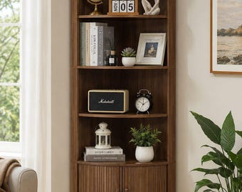 Corner Storage Cabinet with Doors, Small Freestanding Bathroom Cabinet, Modern Fluted Corner Organizer, Narrow Floor Cabinet