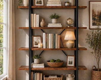 Industrial Ladder Bookshelf Solid Wood Metal Bookcase  Farmhouse Storage Rack Open Display Shelving Unit for Home Office Living Room