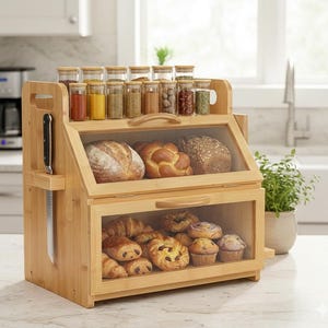 Bamboo Bread Box for Kitchen Countertop, Extra Large Bread Box with Double Layer Storage, Countertop Bread Storage with Window & Tool Holder
