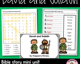 May include: A Bible story mini unit titled "David and Goliath" with reading, writing, and fun activities. The image includes a word search key, an ABC order key, and a cover illustration of the story's characters. The text "Prepped in Primary" is also visible.