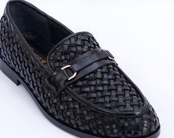 Mocasines de cuero trenzado negro para hombre – Zapatos de vestir sin cordones hechos a mano