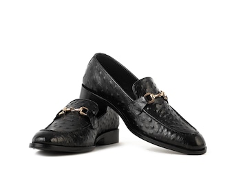 Handmade Black Ostrich Leather Loafers: Men's Slip-On Shoes image png