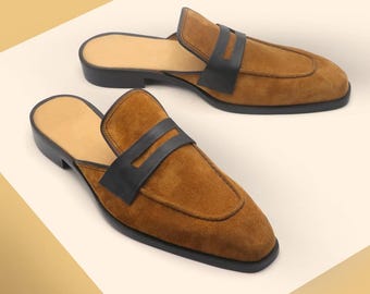 Pantuflas tipo mule de cuero de gamuza marrón hechas a mano para hombre - Zapatos de cuero sin talón tipo mocasín