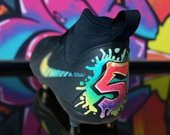 Hand-Painted Youth Nike Cleats – Graffiti Number #5 on Left Shoe – Custom Right Shoe Number – Size 3.5Y