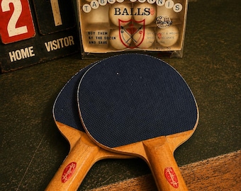 Vintage Sportcraft No. 11 Made in Japan Table Tennis Paddle Set with 9 Coat of Arms Ping Pong Balls in Original Box