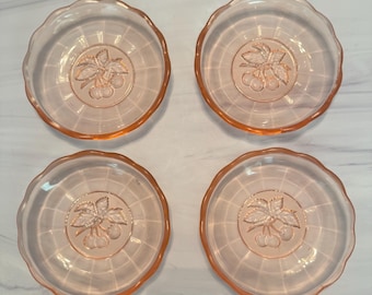 Vintage Pink Glass Cherry Dessert Plates Set of 4 | Scalloped Pressed Glass Fruit Dishes | Three Cherry Pattern