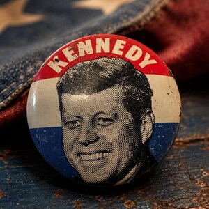 May include: A circular political campaign button featuring a black and white halftone portrait of John F. Kennedy. The button has a red top section with the white text KENNEDY, a white middle section, and a blue bottom section, showing signs of wear.