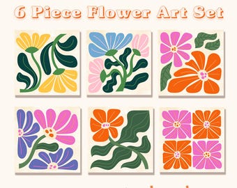 Colección de ilustraciones florales coloridas / Set de 6 piezas de arte floral / Arte mural botánico moderno / Arte imprimible cuadrado / Descarga digital