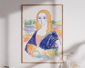Impresión artística colorida de la Mona Lisa: ilustración de retrato moderno, decoración de pared caprichosa, póster de descarga digital