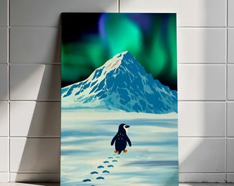 Lámina artística de un pingüino nihilista: paisaje nórdico, humor existencial (descarga digital)