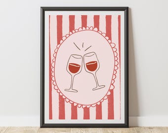 Impresión artística de vino divertido / Ilustración de copa de vino / Decoración de bar imprimible / Póster de cocina divertido