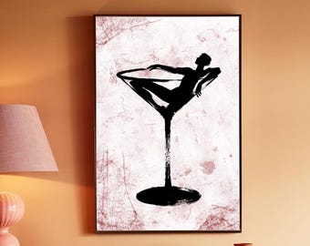 Impresión artística de silueta de copa de Martini: arte mural de cócteles modernos (descarga digital)