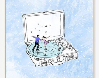Lámina artística de tocadiscos de patinadores sobre hielo: Ilustración romántica de invierno (descarga digital)