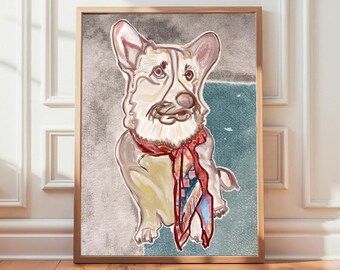 Corgi con bufanda: Ilustración de perro caprichosa / Arte mural acogedor para mascotas / Impresión digital descargable
