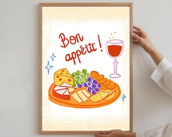 Bon Appétit – Arte mural de cocina / Ilustración de comida francesa acogedora / Impresión digital descargable