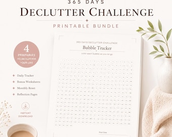 Puede incluir: Un paquete imprimible 365 Days Declutter Challenge que incluye una hoja de seguimiento de burbujas con 365 círculos numerados. El documento contiene texto para un rastreador diario, hojas de trabajo adicionales, reinicio mensual y páginas de reflexión.