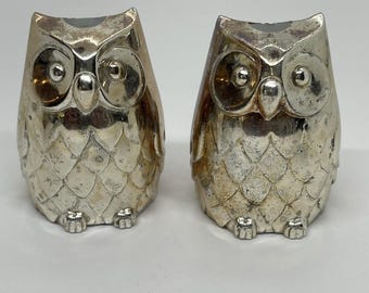 Vintage Silver Metal Owl Salt Pepper Shakers Japanese Made