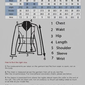 May include: A size chart for clothing featuring a table with measurements in inches for sizes XS through 6XL. A line drawing of a jacket shows numbered points 1 through 7 corresponding to body areas: chest, waist, hip, length, shoulder, sleeve, and wrist.