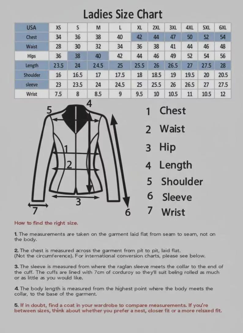 May include: A size chart for clothing featuring a table with measurements in inches for sizes XS through 6XL. A line drawing of a jacket shows numbered points 1 through 7 corresponding to body areas: chest, waist, hip, length, shoulder, sleeve, and wrist.