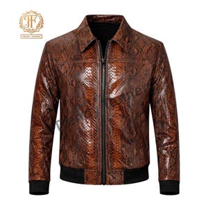 Brown Python Leather Bomber Jacket Western Motorcycle Coat