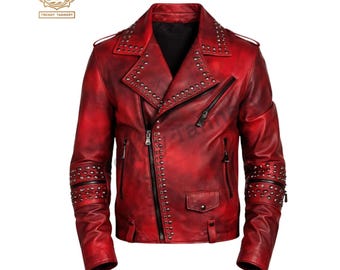Trendy Tannery Distressed Red Leather Studded Biker Jacket