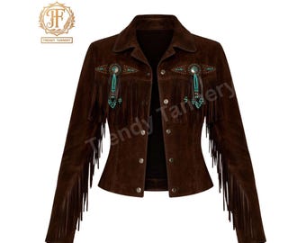 Women's Brown Suede Leather Fringe Jacket with Turquoise Beaded Western Cowgirl Coat