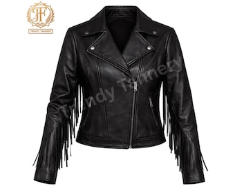 Women's Black Leather Fringe Biker Jacket | Western Cowgirl Motorcycle Jacket