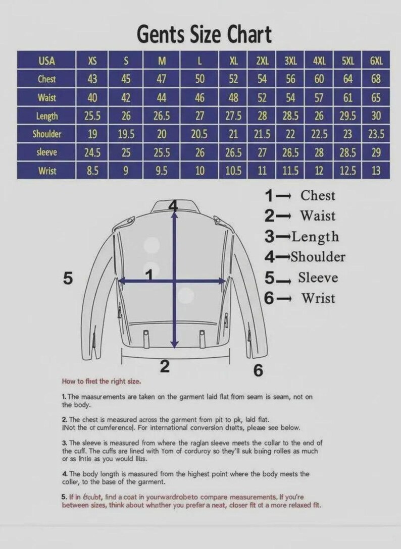May include: A Gents Size Chart featuring a table with measurements in inches for sizes XS through 6XL. Below the table is a line drawing of a jacket back with numbered arrows indicating measurement points for chest, waist, length, shoulder, sleeve, and wrist.