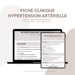 May include: A laptop and tablet show a French document titled "HYPERTENSION ARTÉRIELLE", detailing medical information. The document includes blood pressure readings and treatment guidelines. The text is black on a white background.