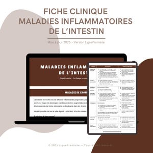 Peut inclure: Illustration numérique d'un ordinateur portable et d'une tablette affichant un document médical. Le titre du document est "FICHE CLINIQUE MALADIES INFLAMMATOIRES DE L'INTESTIN". L'écran de l'ordinateur affiche du texte sur la maladie de Crohn.