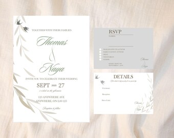 Pode incluir: Um conjunto de papelaria de casamento com um convite principal, um cartão RSVP e um cartão de detalhes. O convite inclui os nomes "Thomas & Naya" e a data "SEPT 27 2025". O design incorpora elementos botânicos e uma paleta de cores suaves.