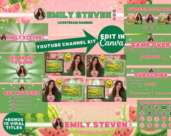 Zestaw do brandingu Watermelon Gamer na YouTube | Edytowalne szablony Canva dla kanału gamingowego (pobieranie cyfrowe) | Intro Outro